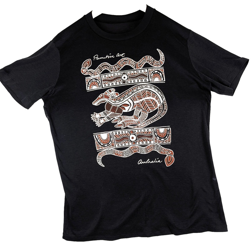 VTG 90s Faded Black Charcoal Paper Thin Burnout Indigenous Graphic Tee Australia